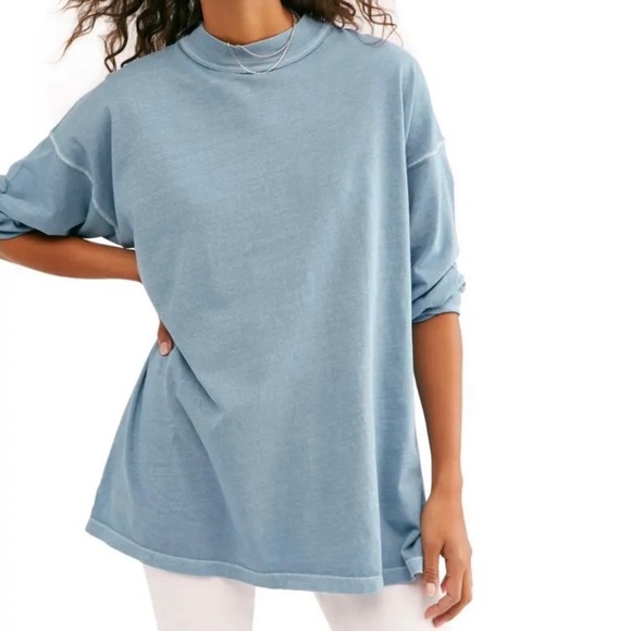 Free People *New* turquoise Bluish Green color Long Sleeve high collar Tee Shirt - Picture 10 of 11
